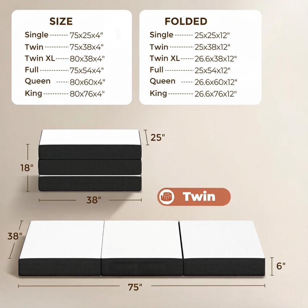 6 Inch Trifold Memory Foam Mattress, Twin E6372