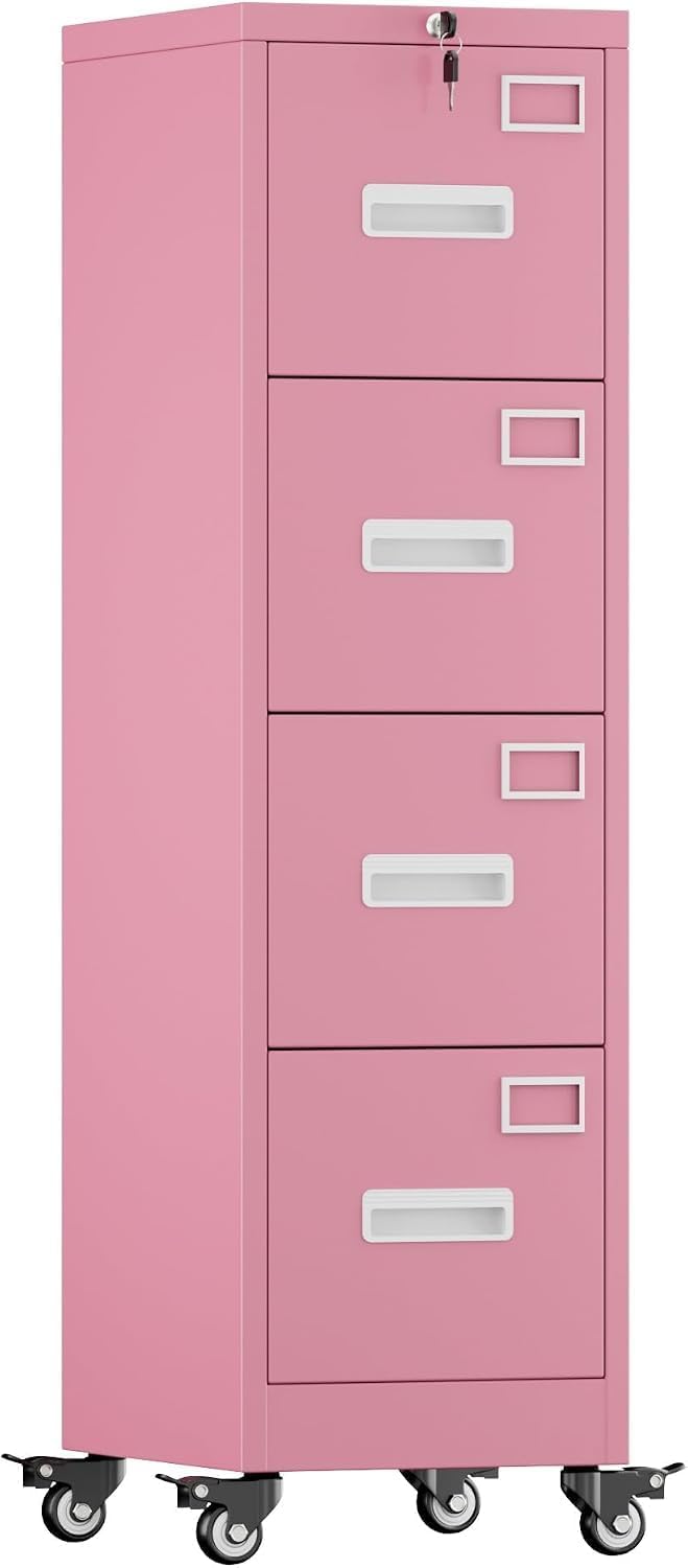 Pink 4-Drawer Metal File Cabinet with Lock and Wheels M79053