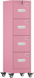 Pink 4-Drawer Metal File Cabinet with Lock and Wheels M79053
