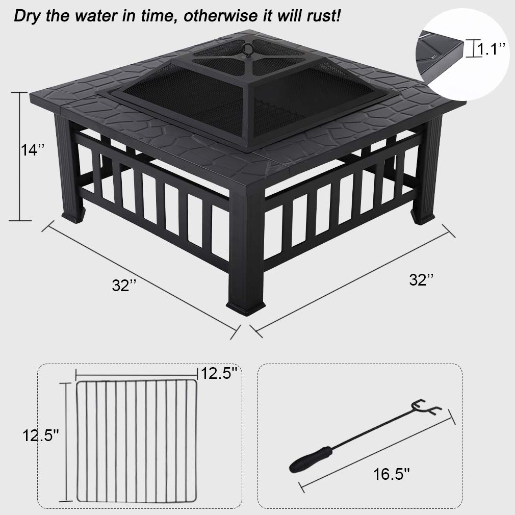 32'' Black Metal Square Wood Burning Fire Pit with Spark Screen Cover, Log Grate, Poker C96369