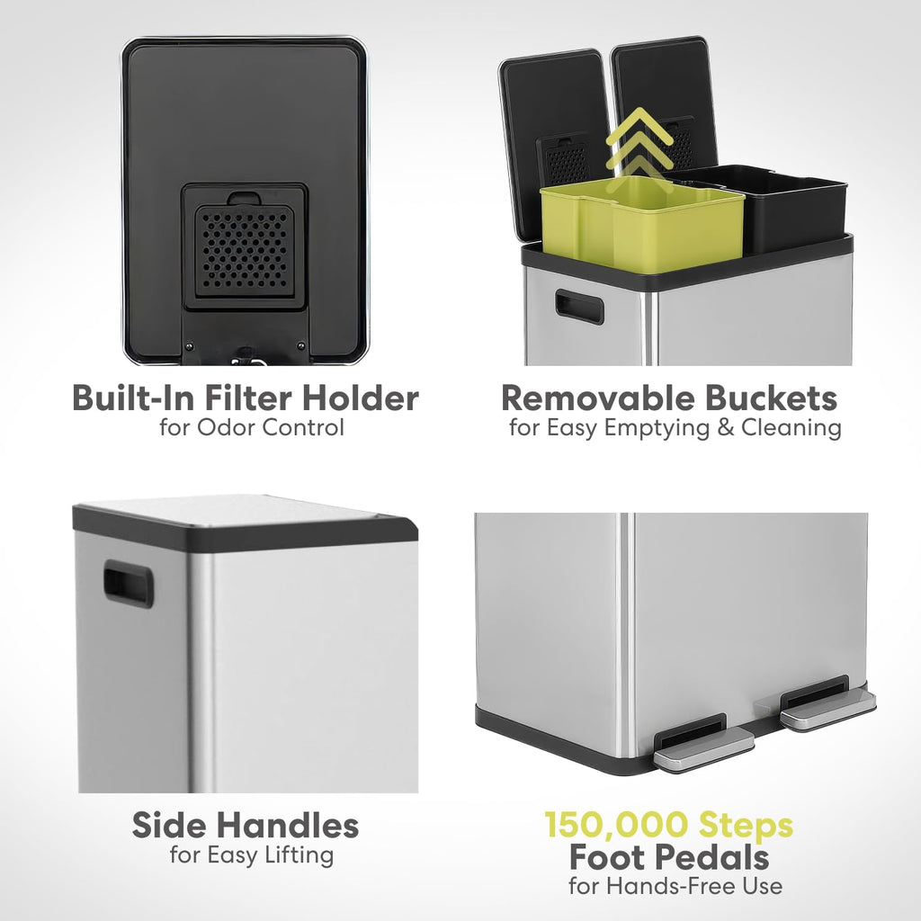 16 Gallon Dual Compartment Stainless Steel Step Trash Can A61391