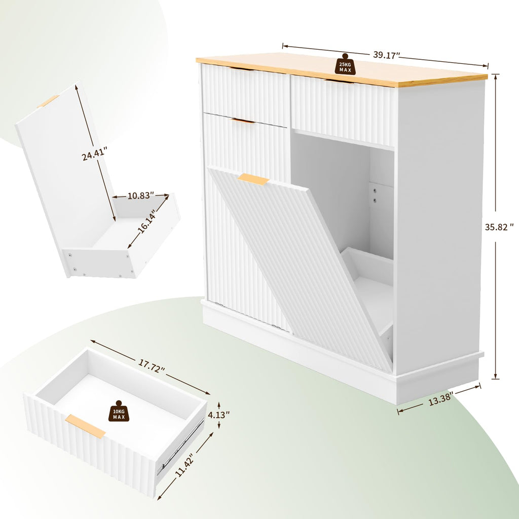 20 Gallon Double Tilt-Out White Trash Can Cabinet with Storage Drawers B884754