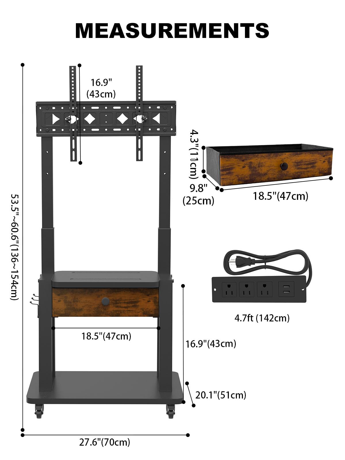 Rolling TV Stand with Power Outlet and Fabric Drawer for 32-75 Inch Flat/Curved Screen S33963