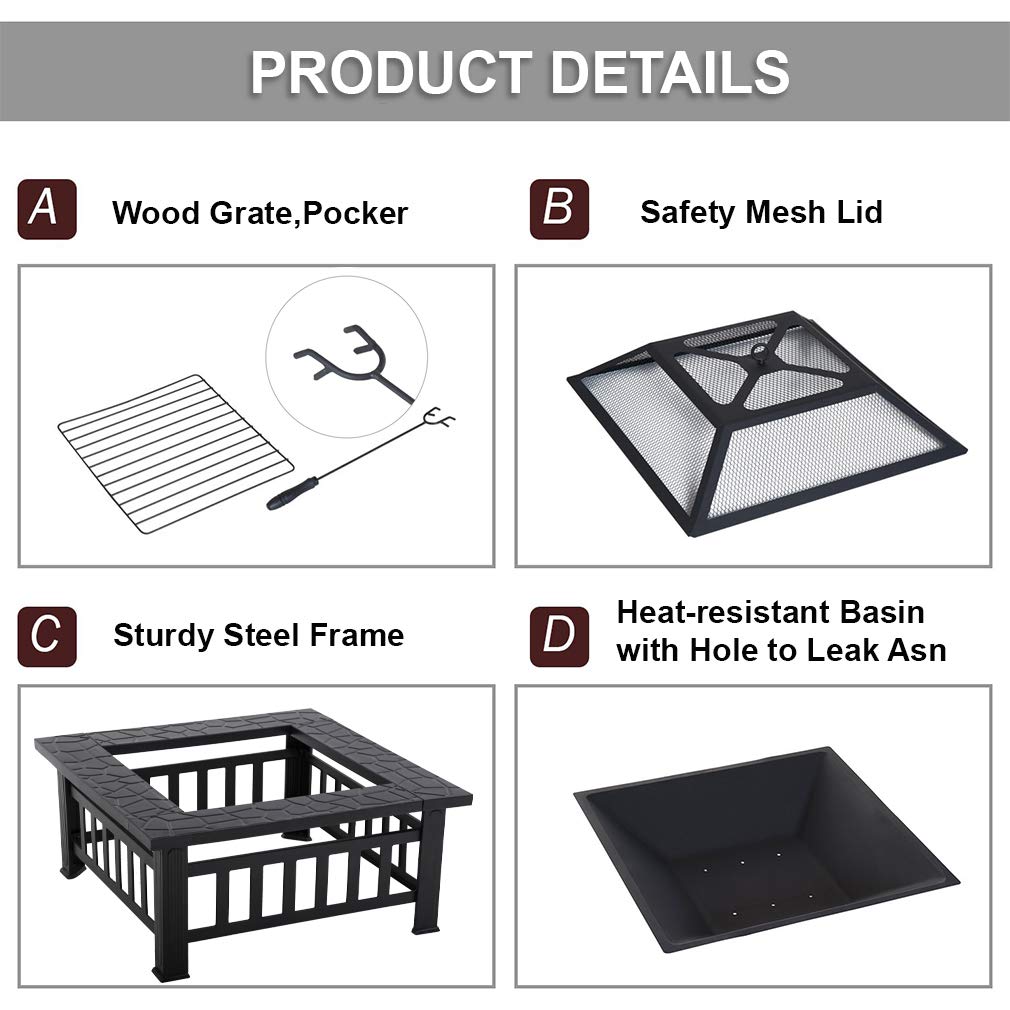 32'' Black Metal Square Wood Burning Fire Pit with Spark Screen Cover, Log Grate, Poker C96369