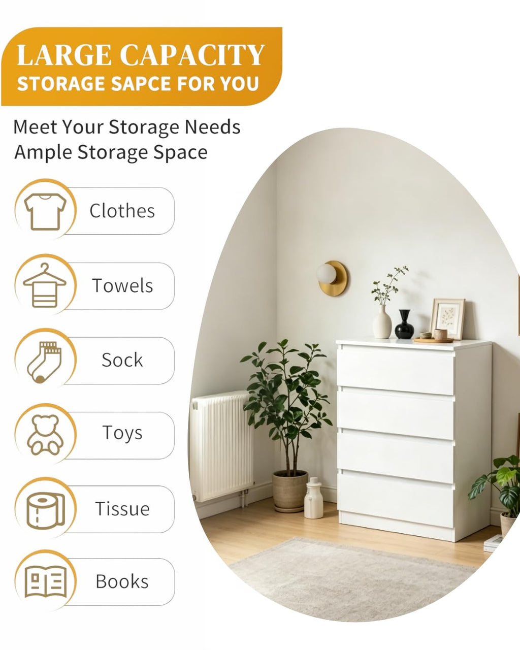 White 4 Drawer Dresser W785