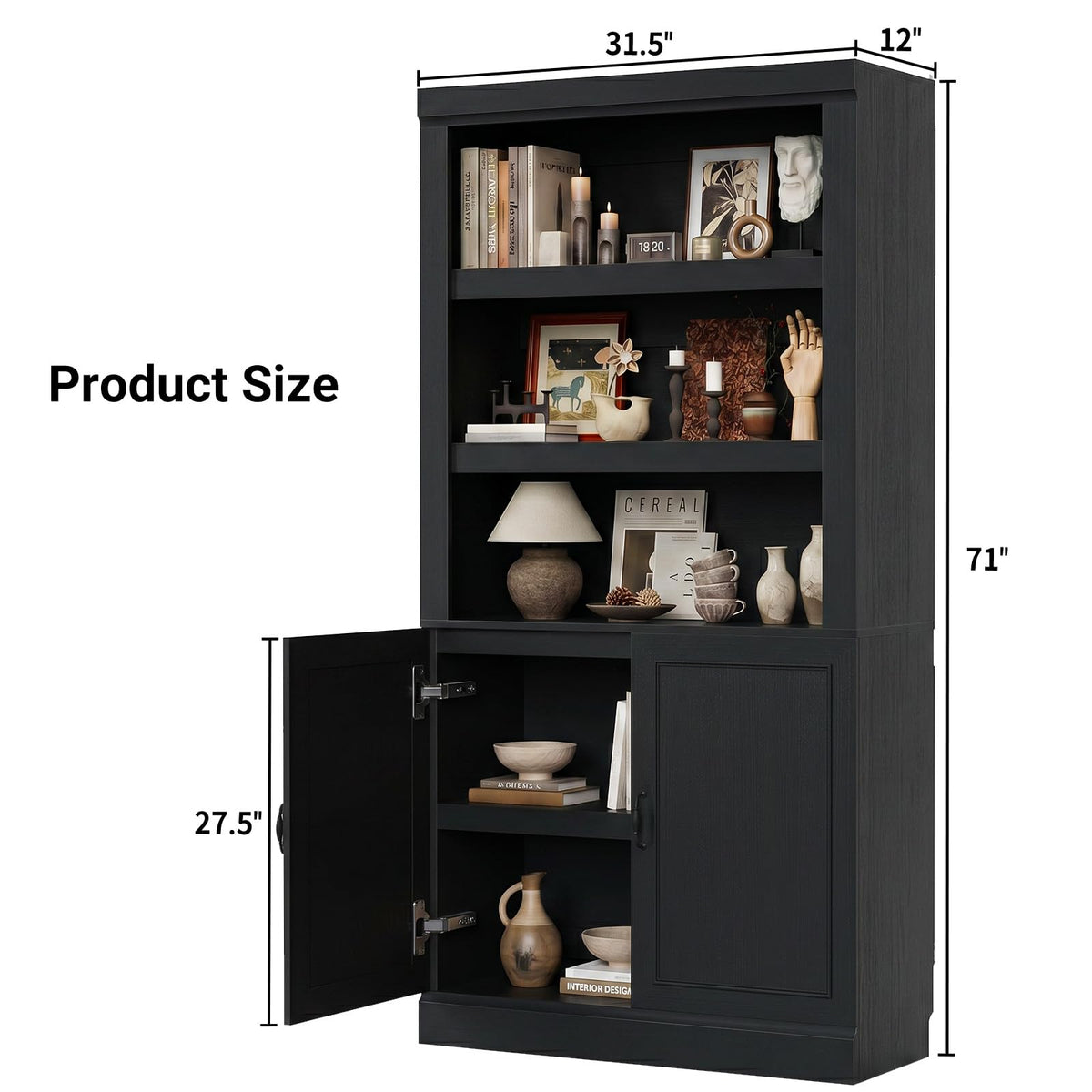 71" Tall Black Bookshelf with Doors and Adjustable Shelves J4265