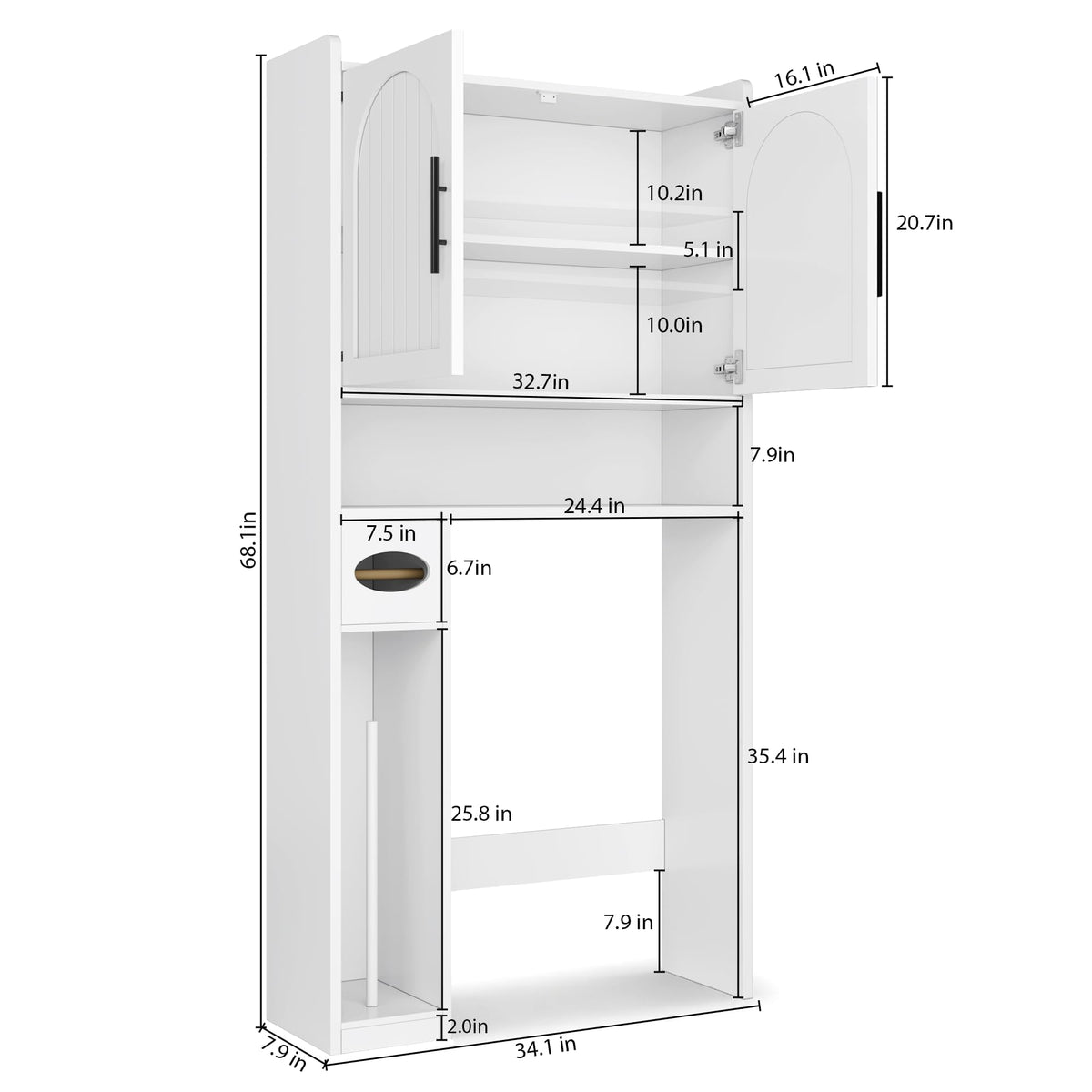 34" Over the Toilet Storage Cabinet with Arched Doors, White O900734