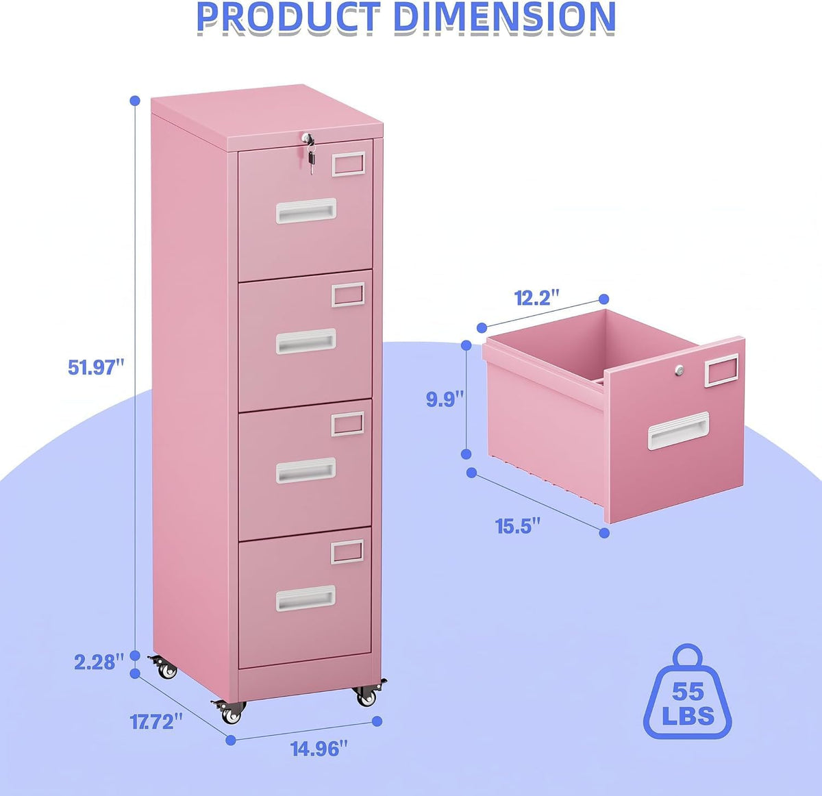 Pink 4-Drawer Metal File Cabinet with Lock and Wheels M79053