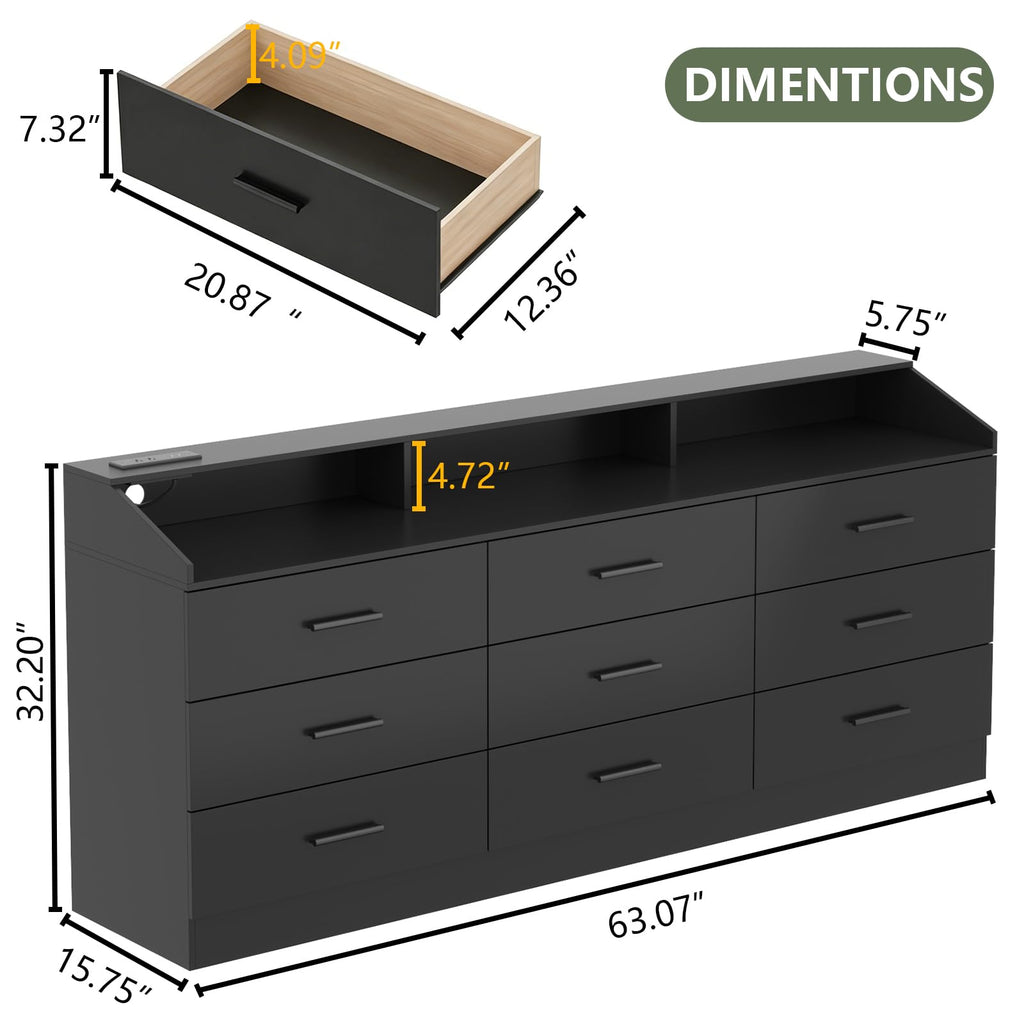 Black 9 Drawer Dresser with Power Outlet V3164