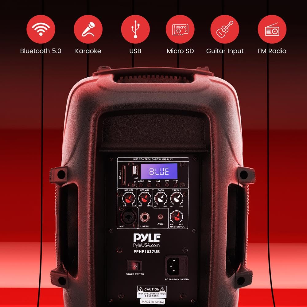 1000W Bluetooth PA System Speakers with 10 Inch Subwoofer and USB, Black O12239