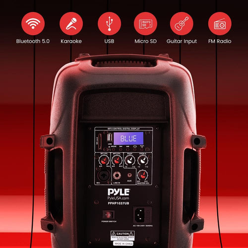 1000W Bluetooth PA System Speakers with 10 Inch Subwoofer and USB, Black O12239