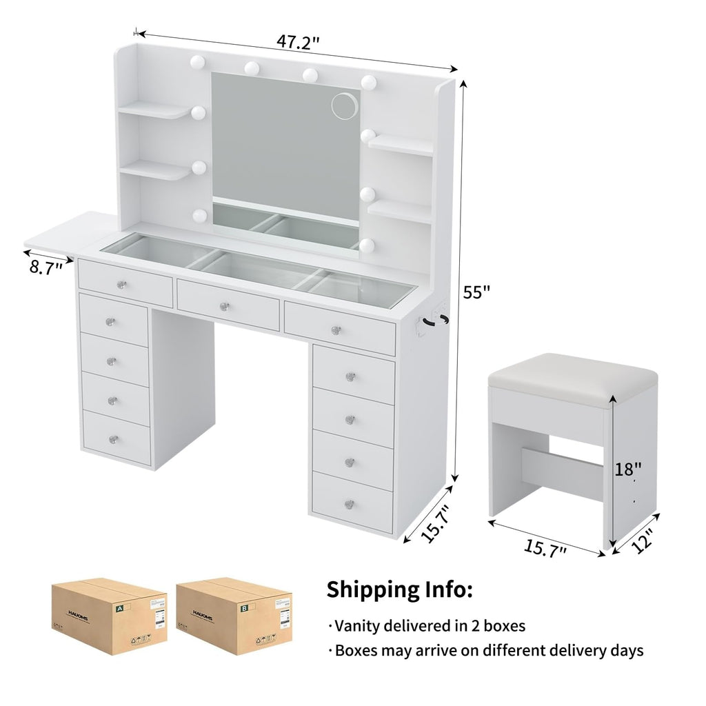 Vanity Desk with Mirror and 12 LED Lights, 11 Drawers & 4 Shelves L55613