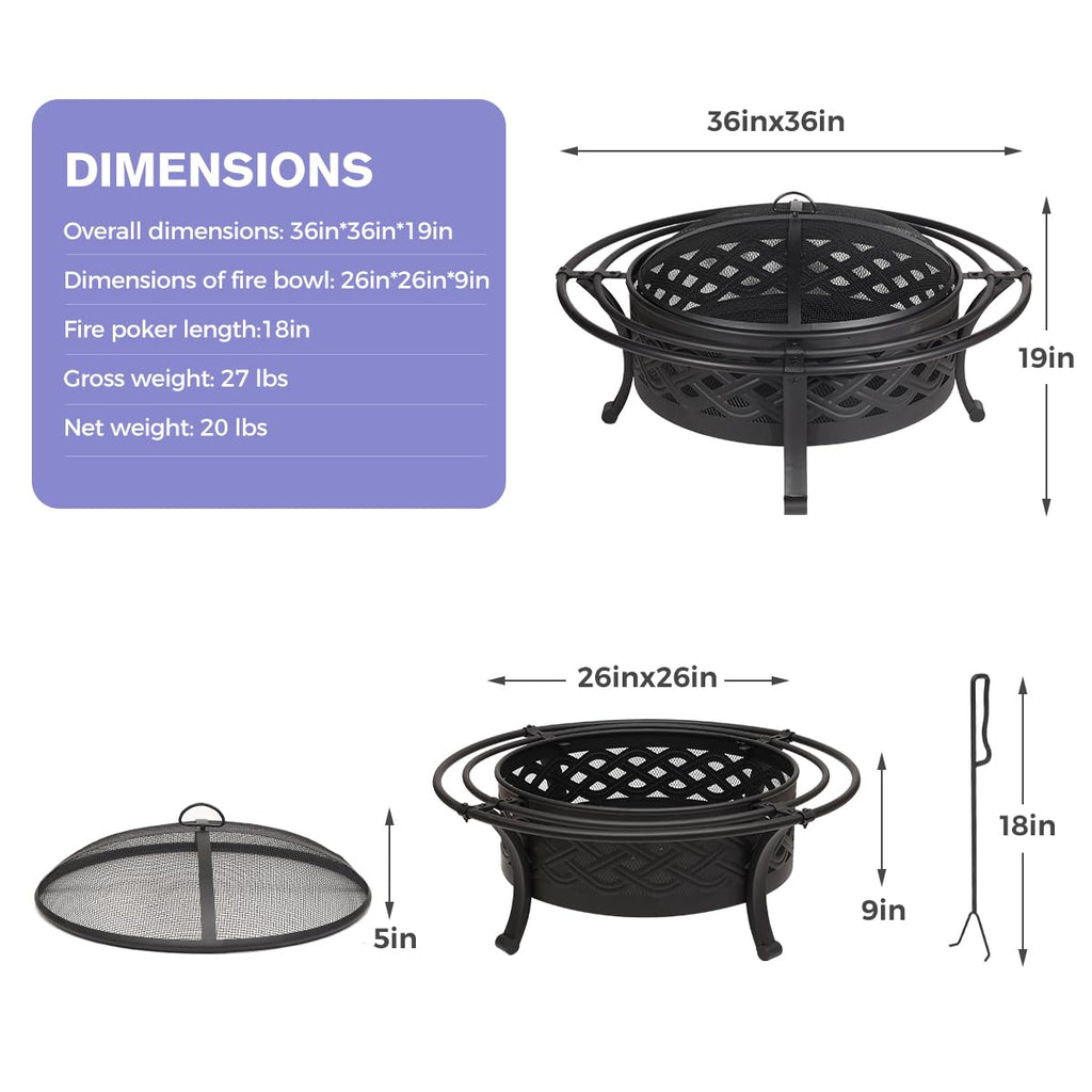 36 Inch Outdoor Fire Pit with Spark Screen Black X980072