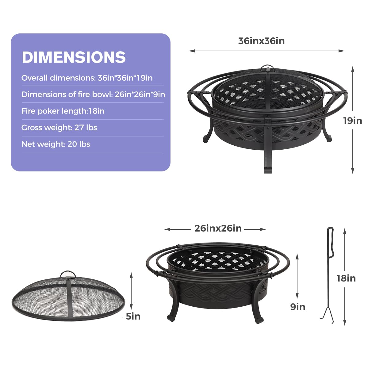 36 Inch Outdoor Fire Pit with Spark Screen Black X980072