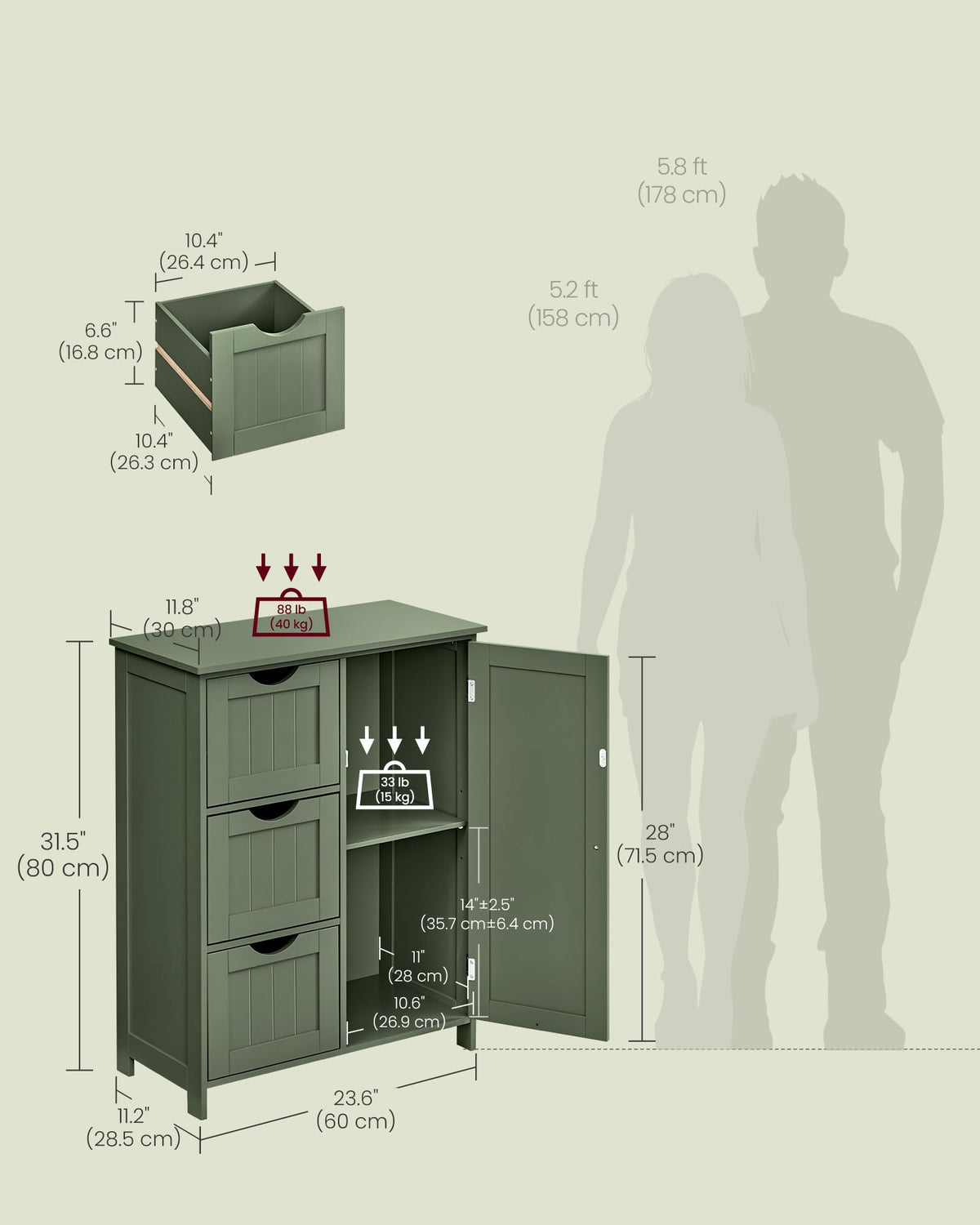 Forest Green 3 Drawer Bathroom Floor Storage Cabinet W223