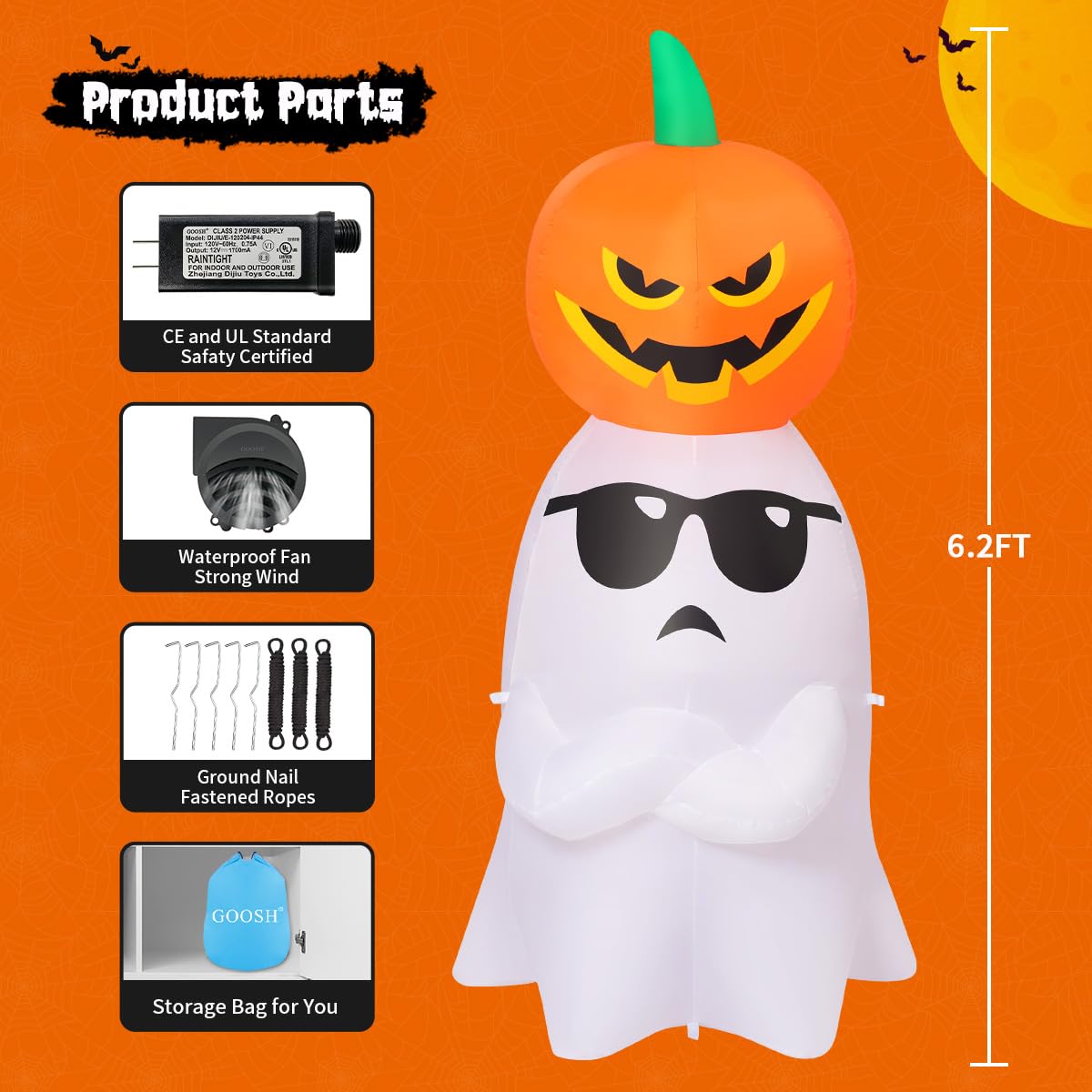 6.2 FT Halloween Inflatables Ghost with Pumpkin E243805