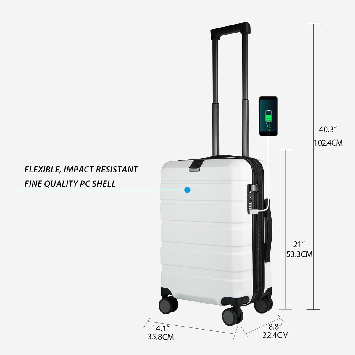 Hardside Expandable Carry On Luggage with Spinner Wheels, TSA Lock, USB Port, 20-Inch, White R2993