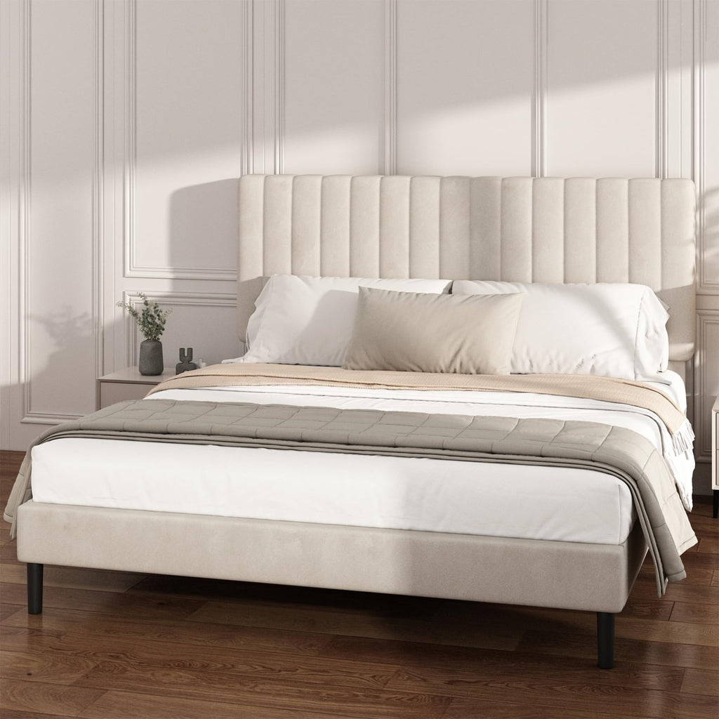 Beige Queen Velvet Bed Frame V5113