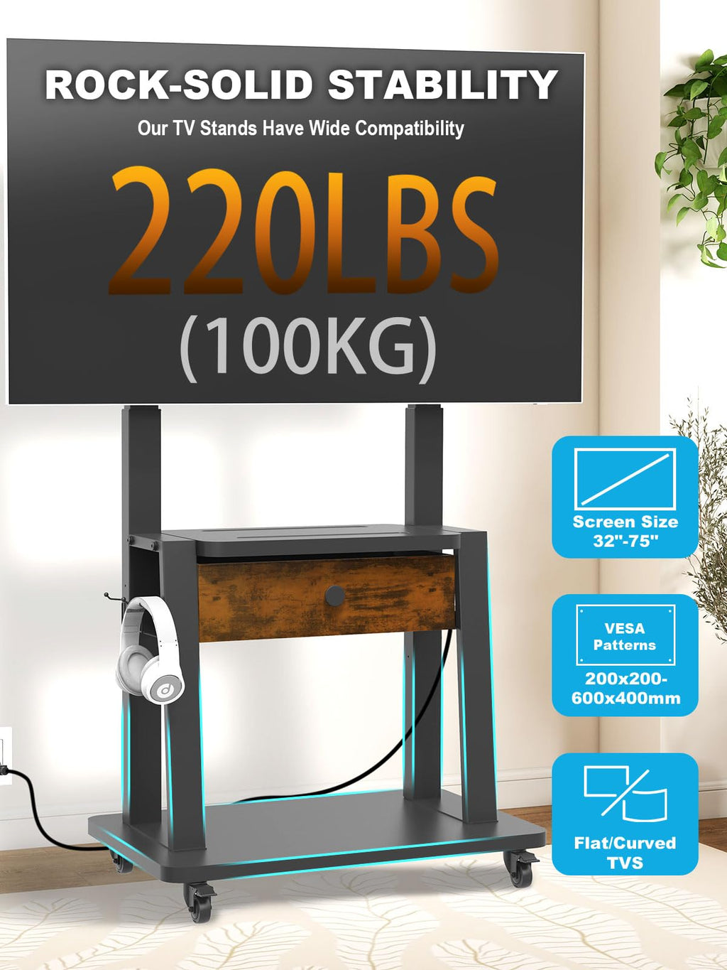 Rolling TV Stand with Power Outlet and Fabric Drawer for 32-75 Inch Flat/Curved Screen S33963