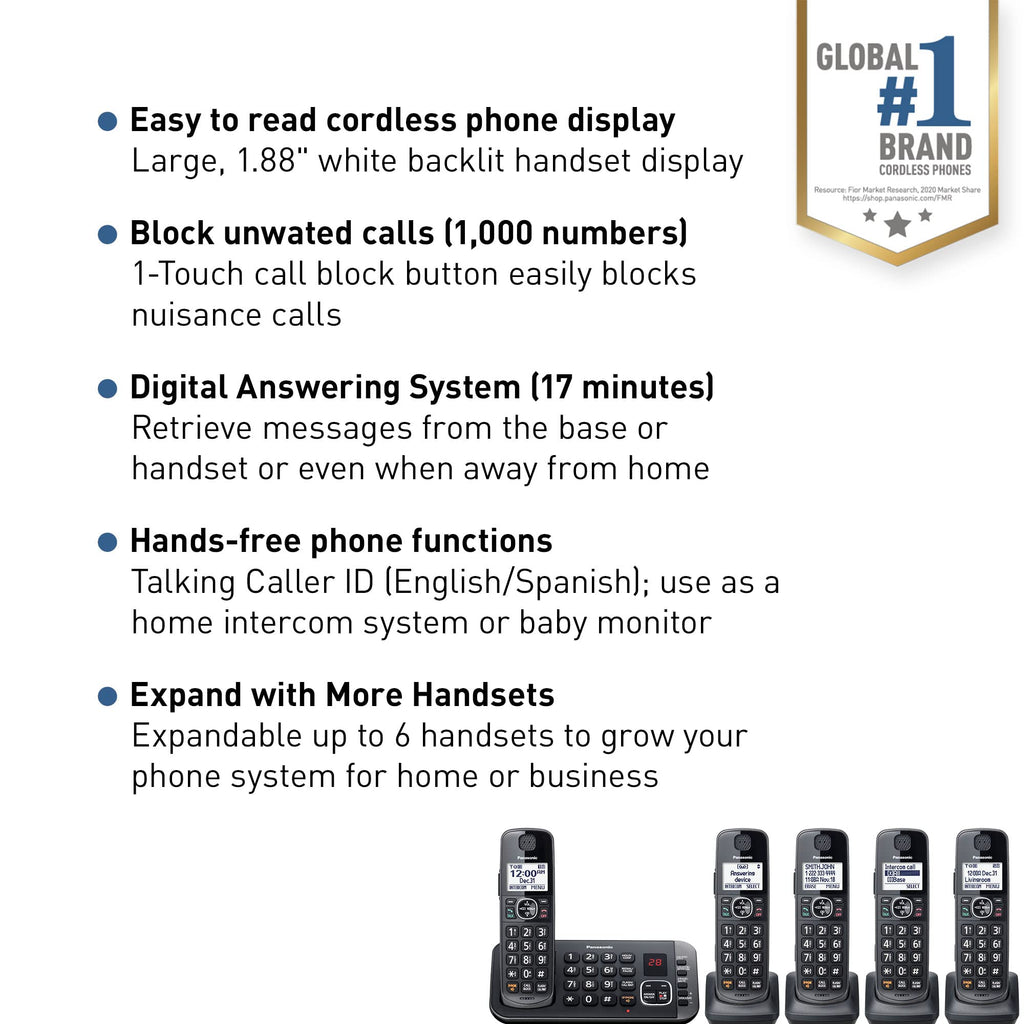 Metallic Black 5 Handset Cordless Phone System with Answering Machine V692143
