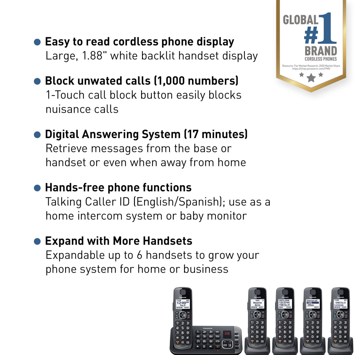 Metallic Black 5 Handset Cordless Phone System with Answering Machine V692143