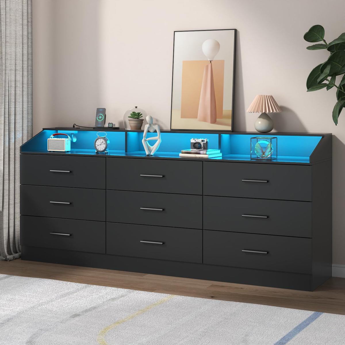 Black 9 Drawer Dresser with Power Outlet V3164