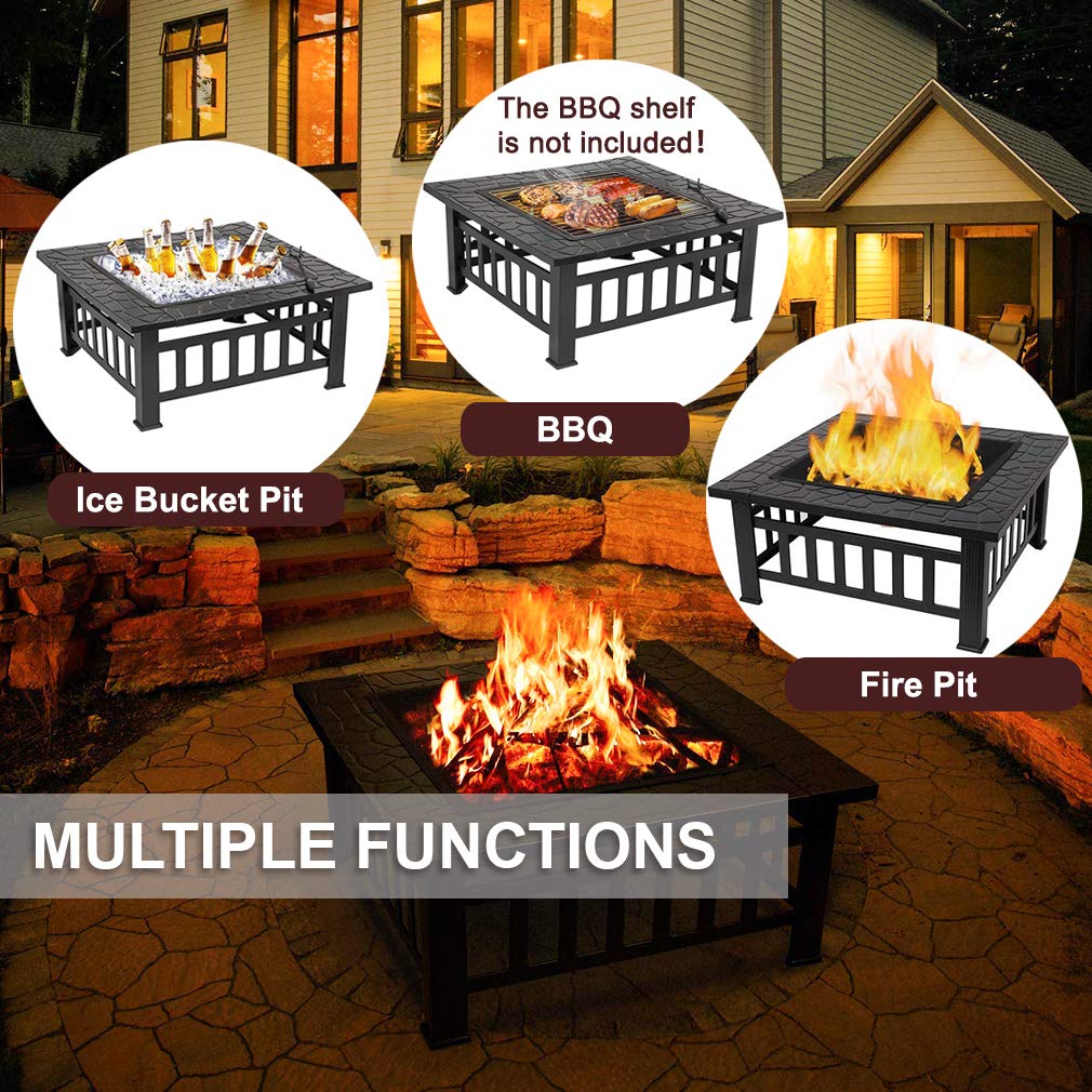 32'' Black Metal Square Wood Burning Fire Pit with Spark Screen Cover, Log Grate, Poker C96369