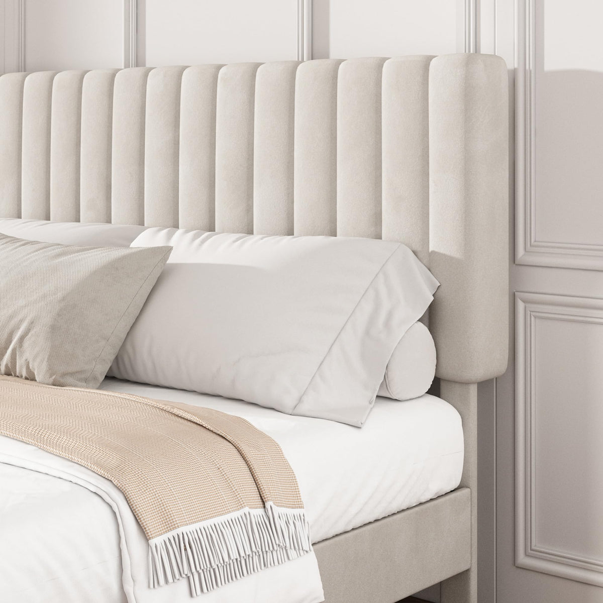 Beige Queen Velvet Bed Frame V5113