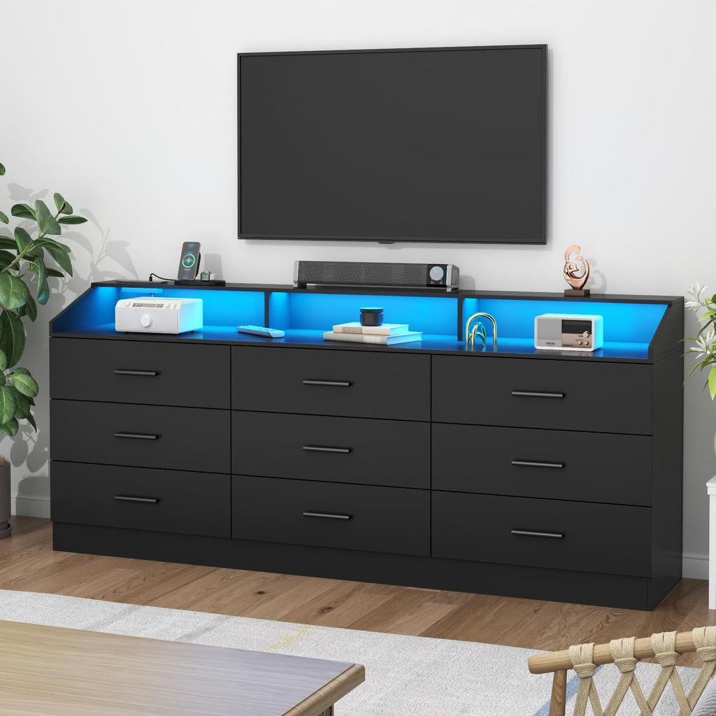 Black 9 Drawer Dresser with Power Outlet V3164