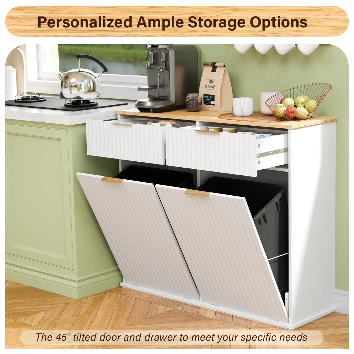20 Gallon Double Tilt-Out White Trash Can Cabinet with Storage Drawers B884754