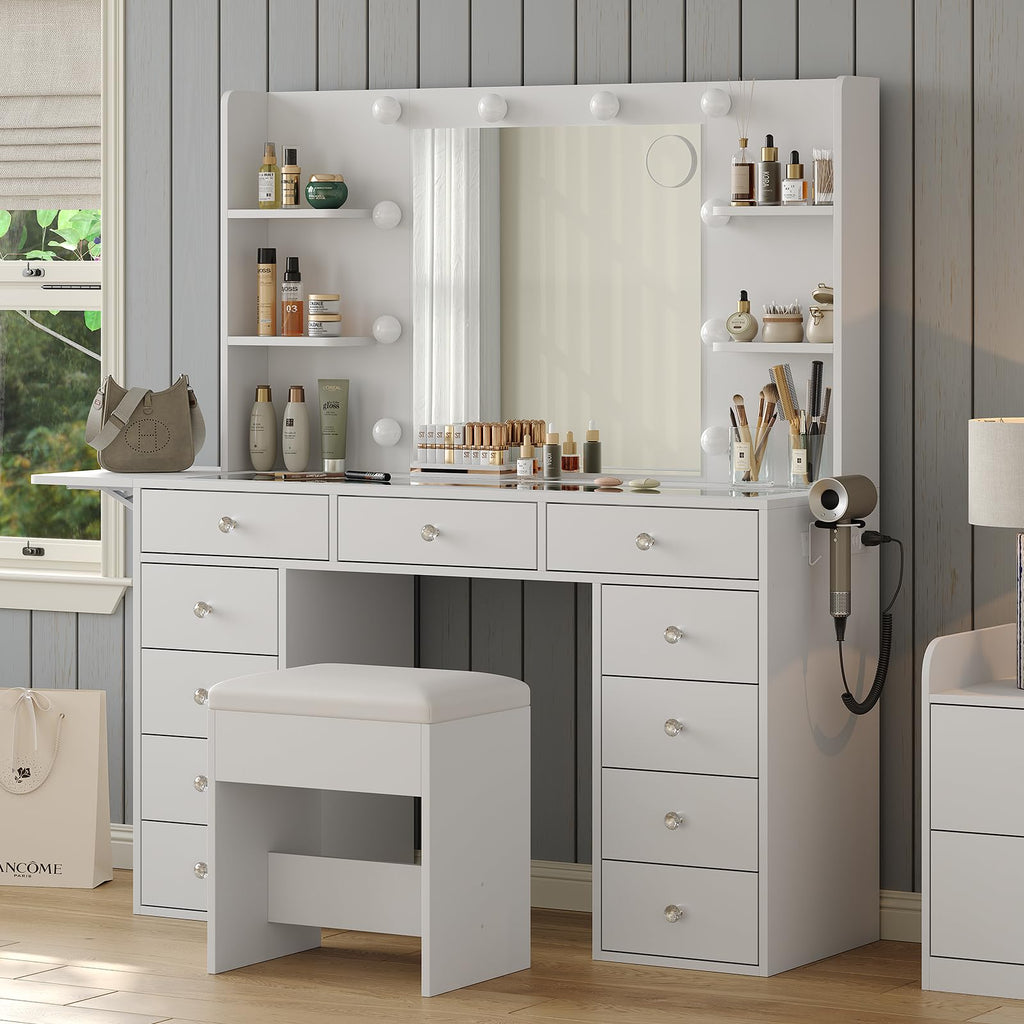 Vanity Desk with Mirror and 12 LED Lights, 11 Drawers & 4 Shelves L55613
