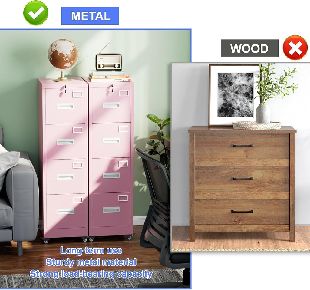 Pink 4-Drawer Metal File Cabinet with Lock and Wheels M79053