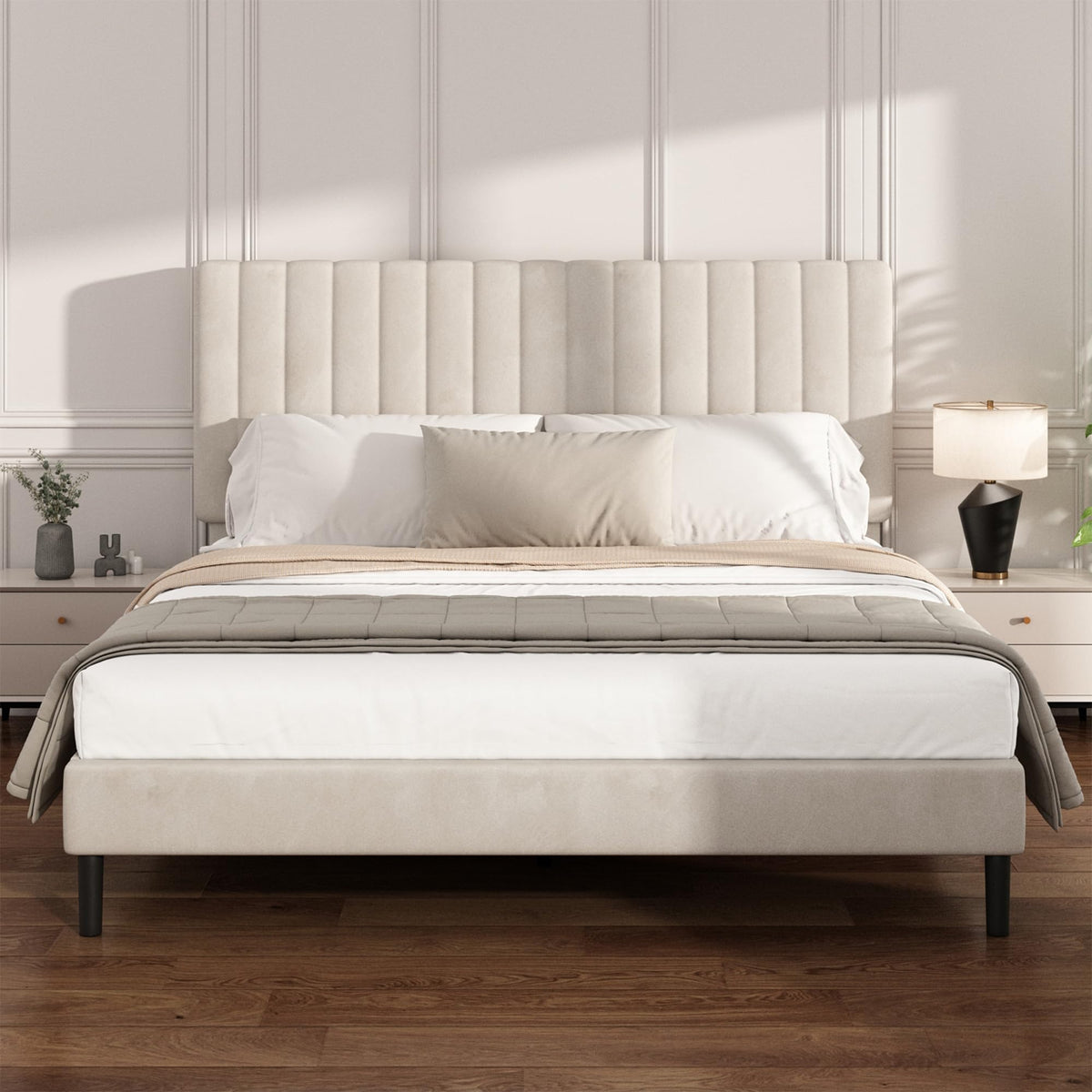 Beige Queen Velvet Bed Frame V5113