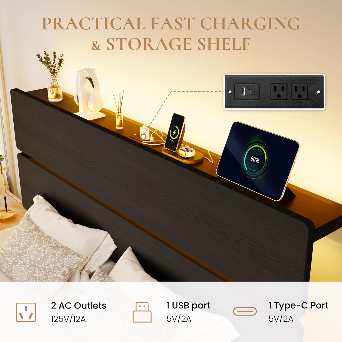 Full Size Bed Frame with Charging Station Y657345