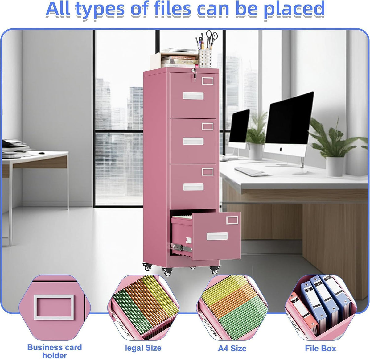Pink 4-Drawer Metal File Cabinet with Lock and Wheels M79053