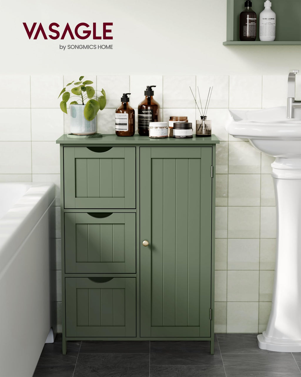 Forest Green 3 Drawer Bathroom Floor Storage Cabinet W223