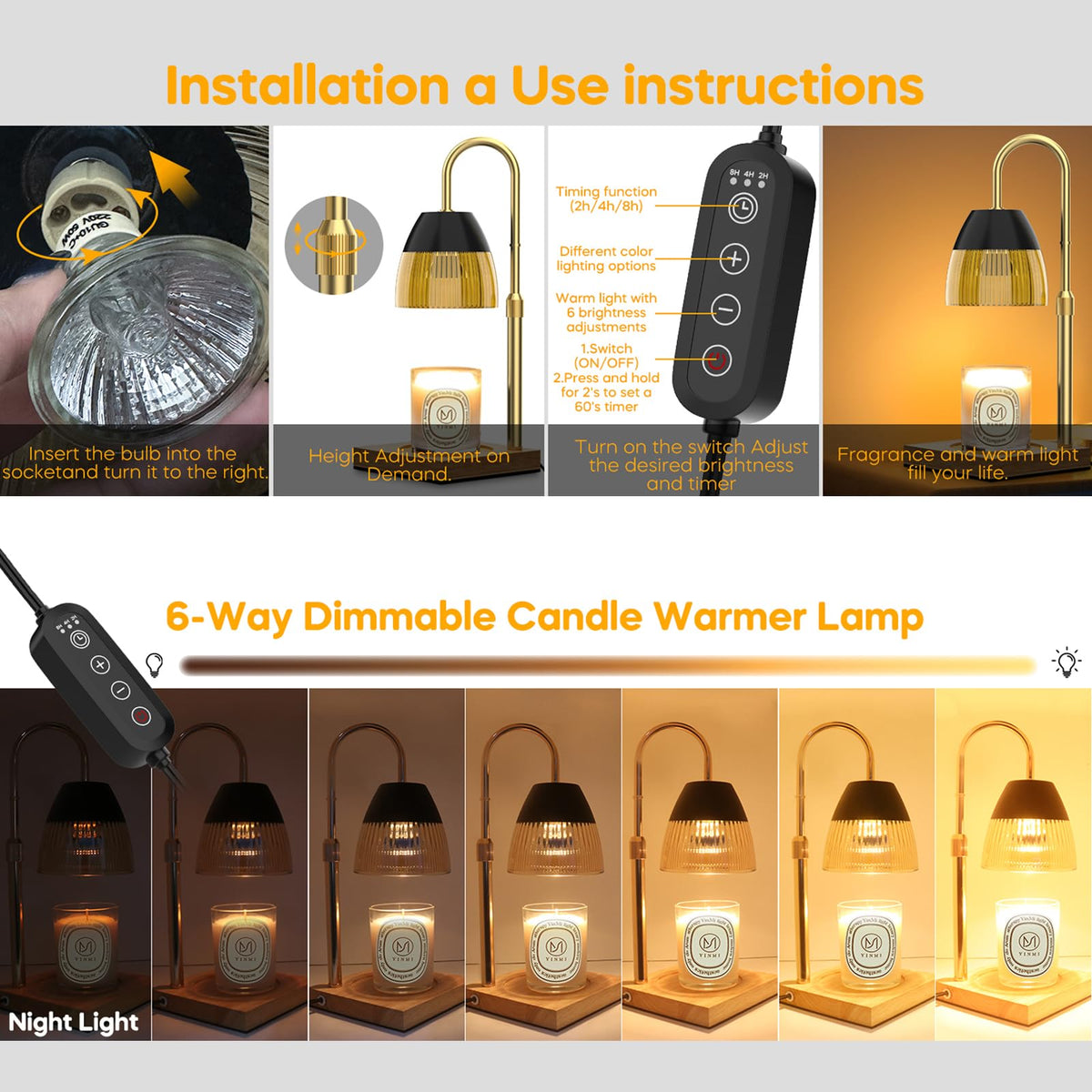 Candle Warmer Lamp with Timer Auto Off, Dimmable Height Adjustable Wax Melting Lamp F844596