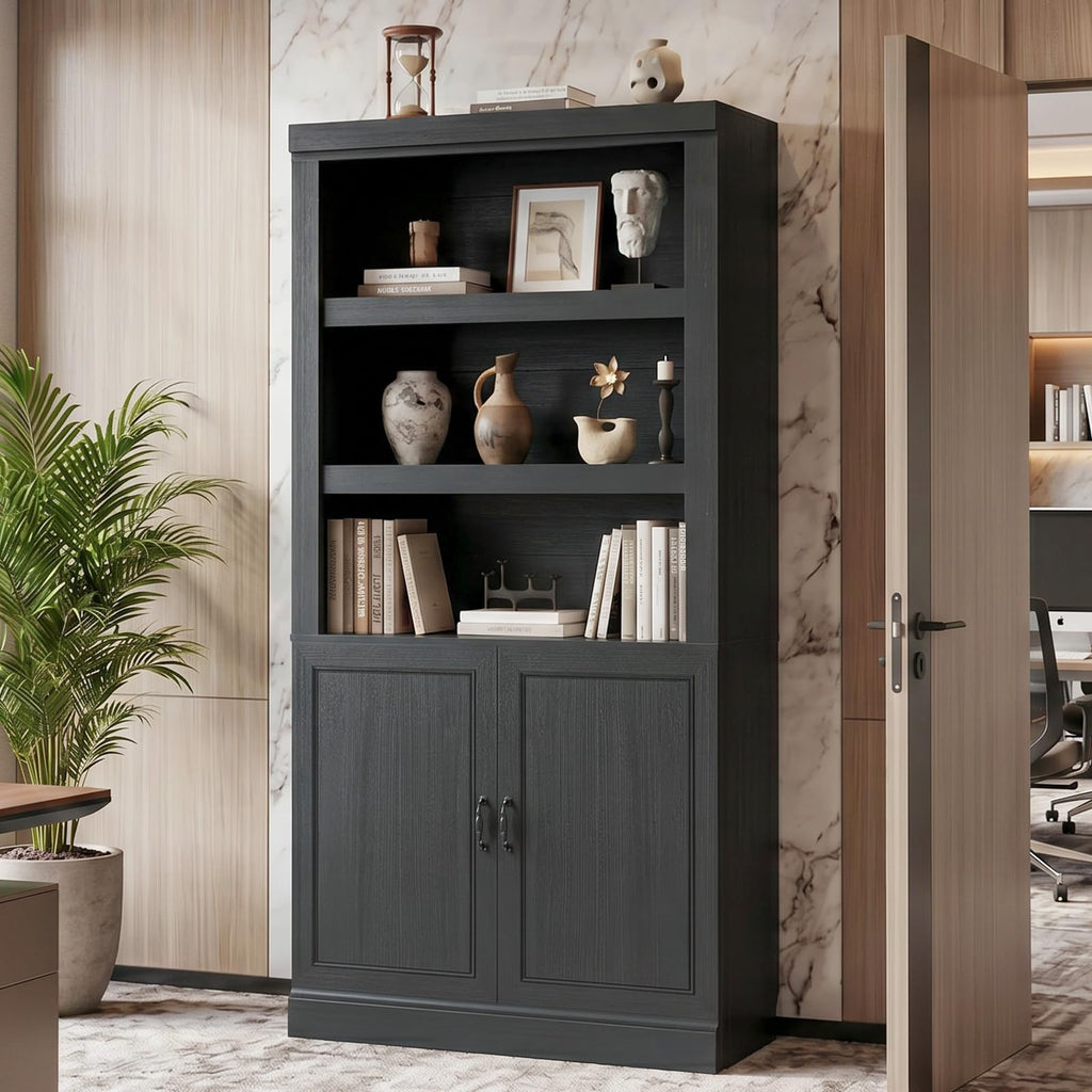 71" Tall Black Bookshelf with Doors and Adjustable Shelves J4265