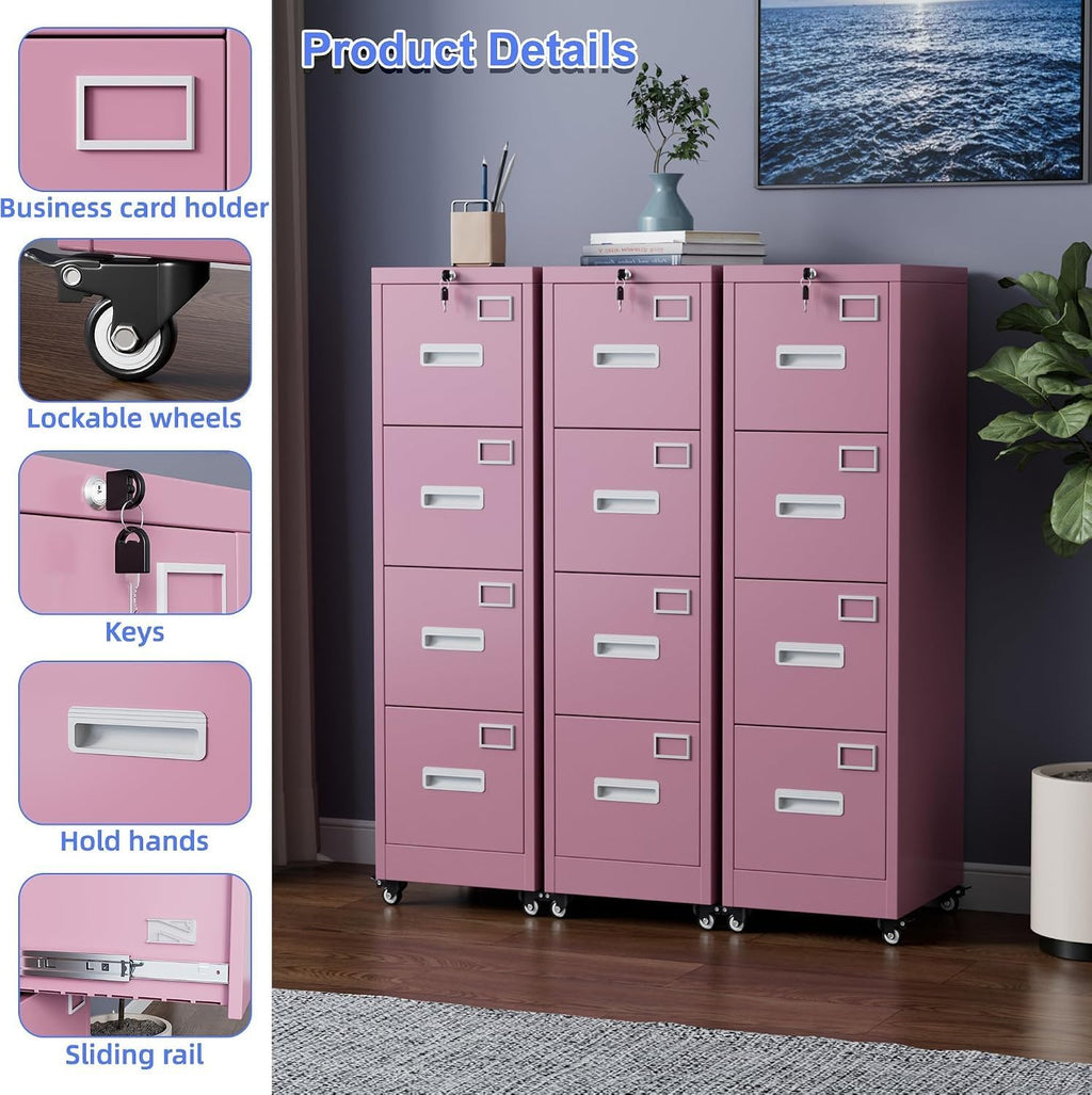 Pink 4-Drawer Metal File Cabinet with Lock and Wheels M79053