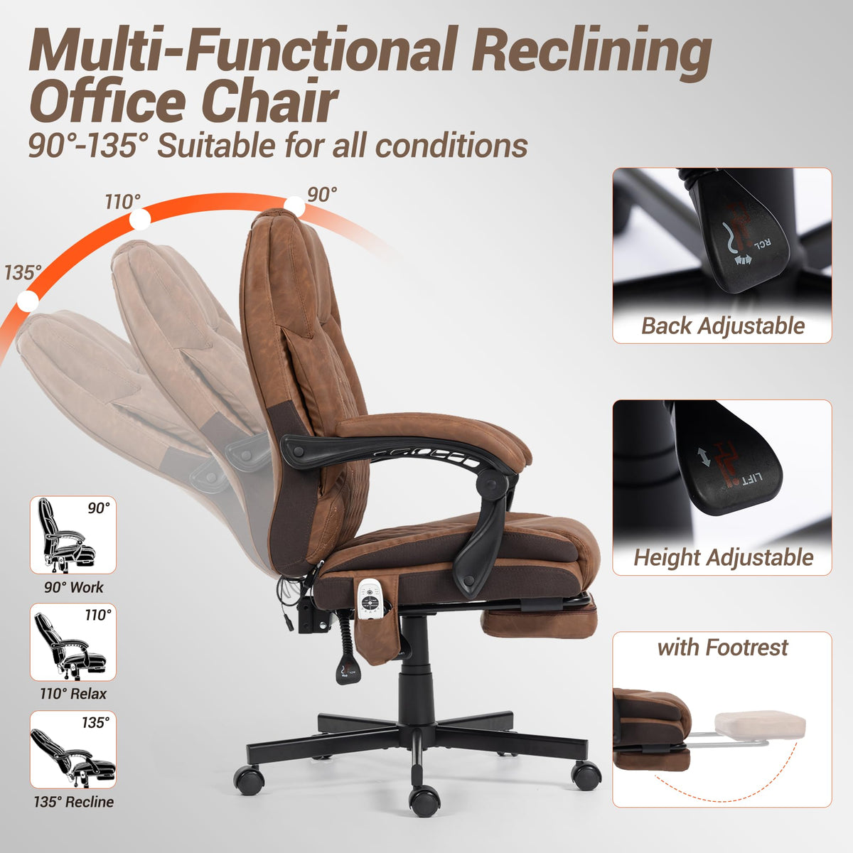 Brown Heated Massage Office Chair with Footrest V7197