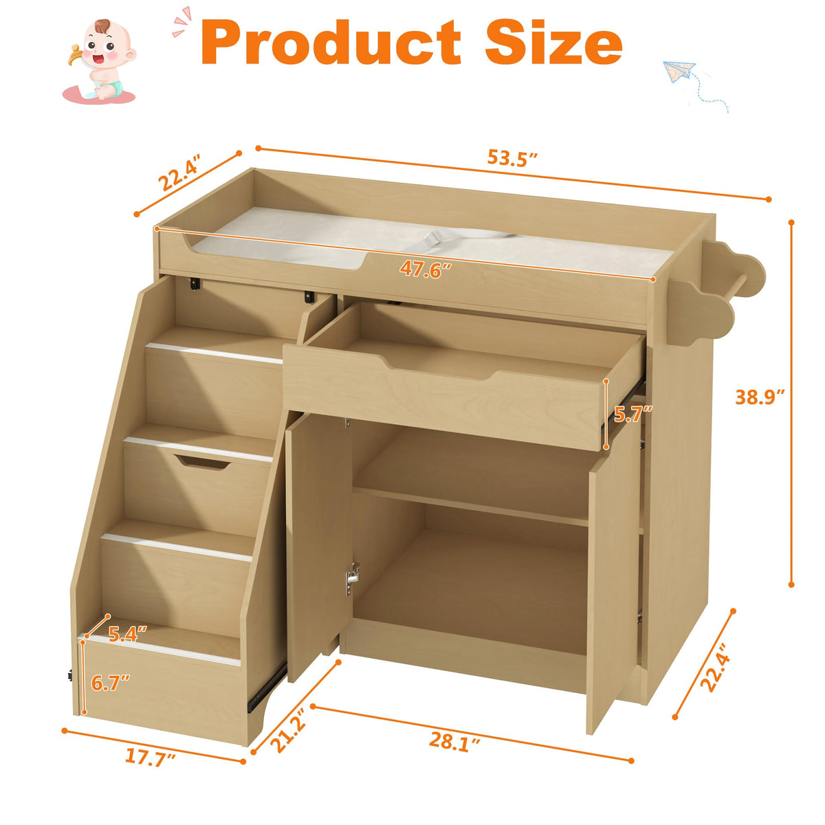 Oak Baby Changing Table with Drawers and Stairs E2164