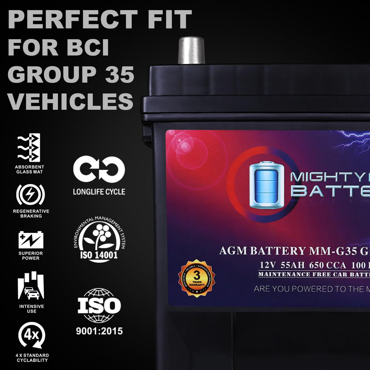 12V 55Ah AGM 650 CCA Replacement Battery B645