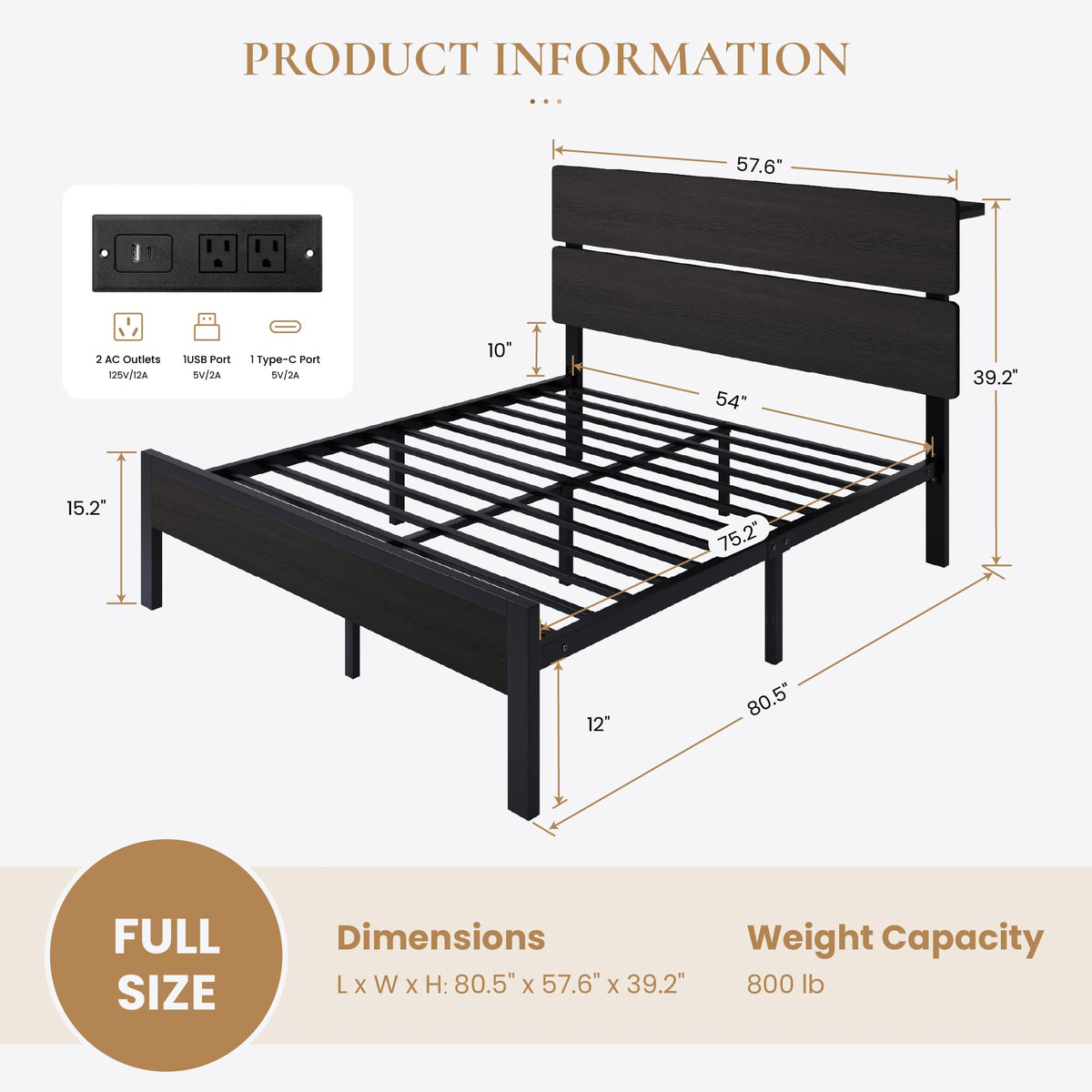 Full Size Bed Frame with Charging Station Y657345