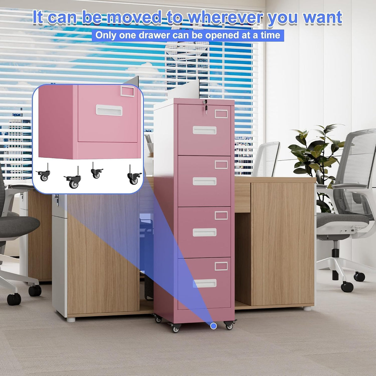 Pink 4-Drawer Metal File Cabinet with Lock and Wheels M79053