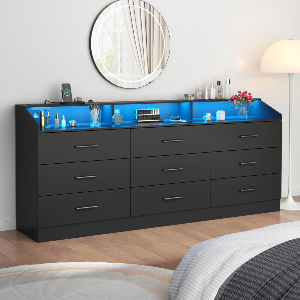 Black 9 Drawer Dresser with Power Outlet V3164