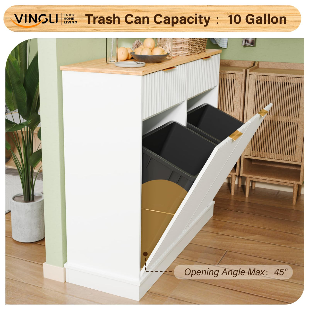 20 Gallon Double Tilt-Out White Trash Can Cabinet with Storage Drawers B884754