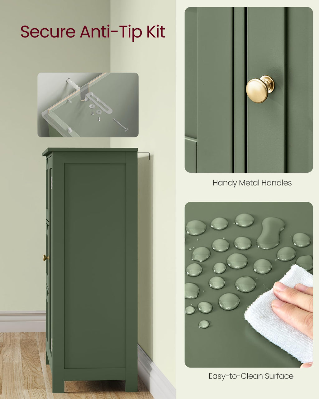 Forest Green 3 Drawer Bathroom Floor Storage Cabinet W223