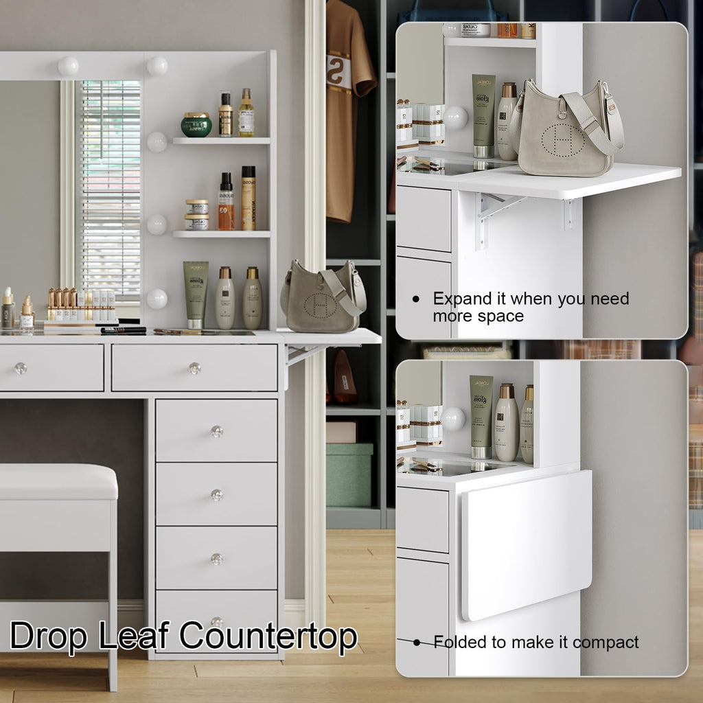 Vanity Desk with Mirror and 12 LED Lights, 11 Drawers & 4 Shelves L55613