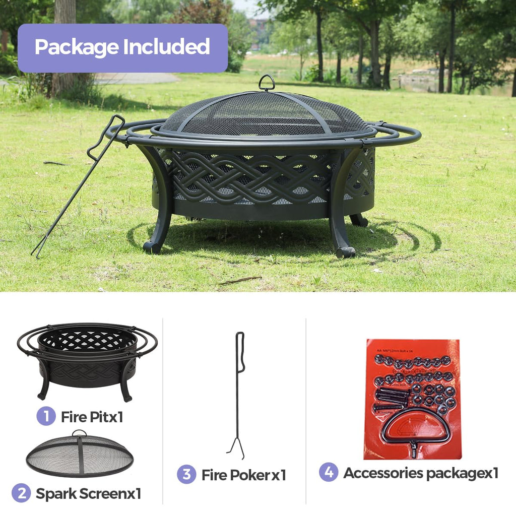 36 Inch Outdoor Fire Pit with Spark Screen Black X980072