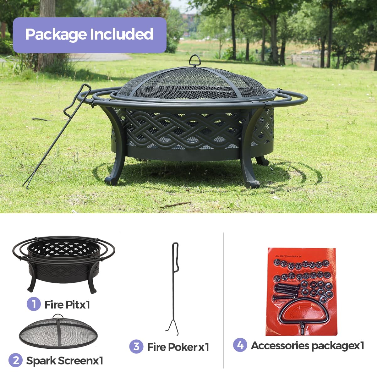 36 Inch Outdoor Fire Pit with Spark Screen Black X980072
